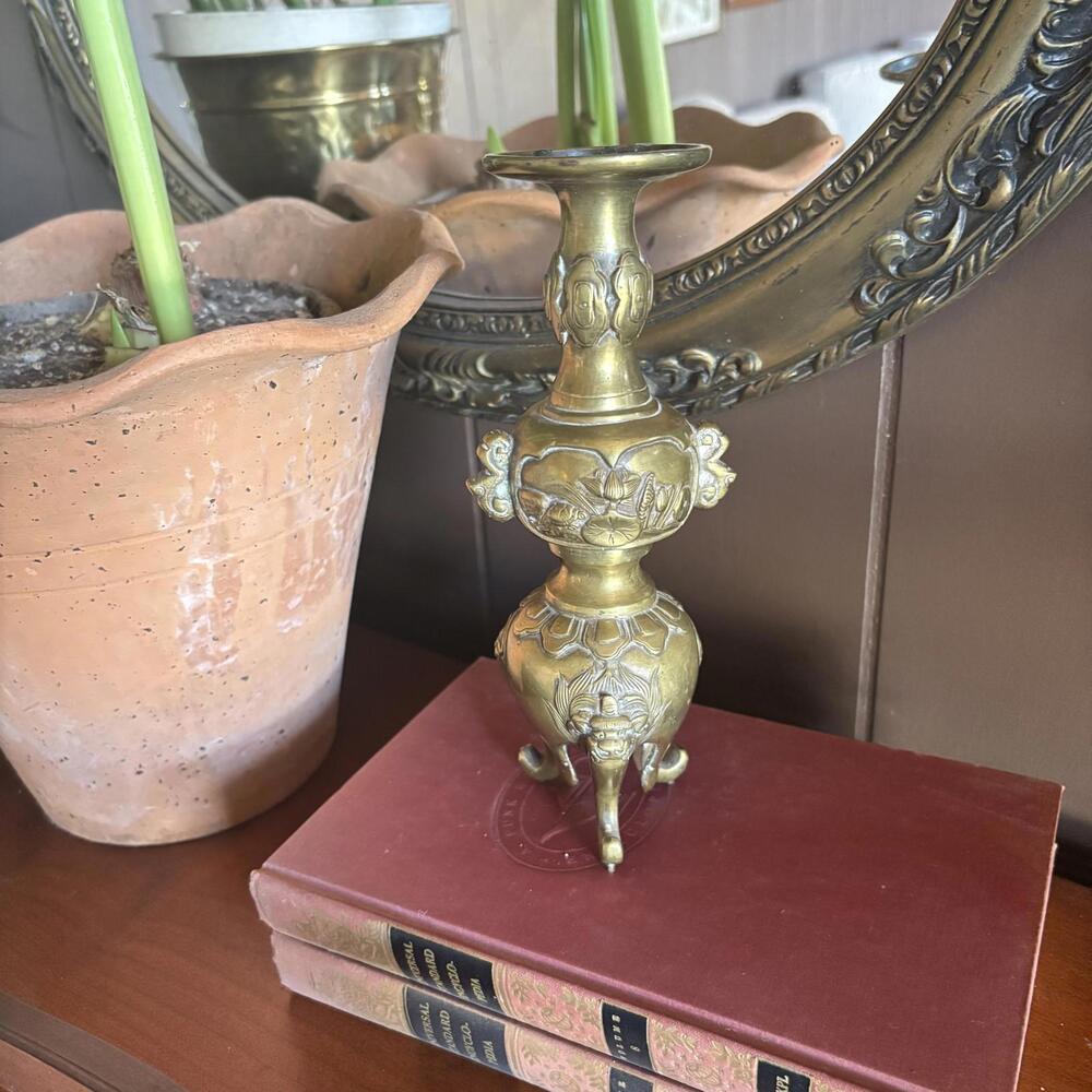 Antique Japanese Brass Relief Candlestick or Vase Vintage Patina‎
